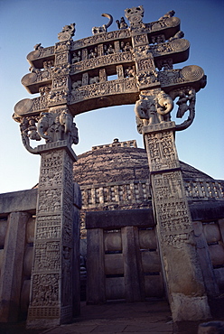 One of the four carved stone toranas (gateways), Stupa One, Buddhist shrine dating from 3rd century BC, Sanchi, UNESCO World Heritage Site, Madhya Pradesh state, India, Asia