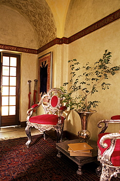 Original silver throne chairs from a Maharajah's palace in hallway area of the house, Lutyens style bungalow, New Delhi, India, Asia