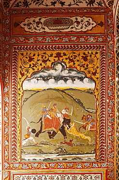 Detail of a painted wall in the public reception area, Kuchaman Fort, Kuchaman, Rajasthan state, India, Asia 