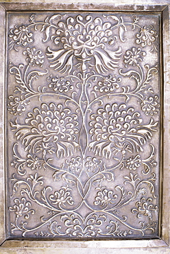 Detail of decorative raised metal work, Devi Garh Fort Palace Hotel, Devi Garh, near Udaipur, Rajasthan state, India, Asia