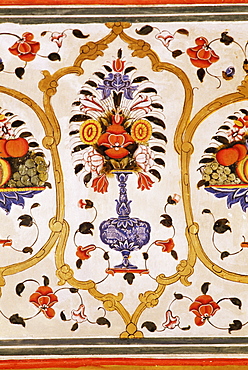 Detail of the fine wall paintings, The City Palace, Jaipur, Rajasthan state, India, Asia