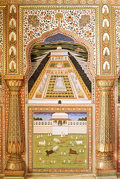 Fine wall painting, The City Palace, Jaipur, Rajasthan state, India, Asia