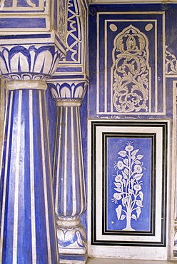 Abstract or stylized floral motif, chalk blue and white painted Mahal (hall), The City Palace, Jaipur, Rajasthan state, India, Asia