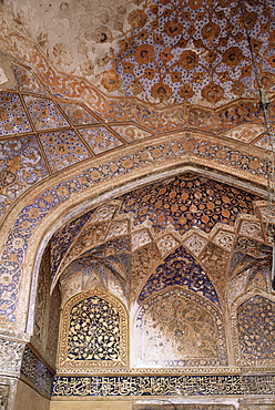 Various painted, gilded and stone inlay detail found inside and outside the tomb, the Tomb of Akbar, Sikandra, near Agra, Uttar Pradesh state, India, Asia