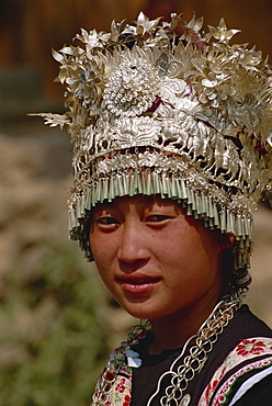 Silver headdress worn by Miao girls, Fanpai, Guizhou, China, Asia