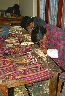 Wood carving students, Thimpu, Bhutan, Asia