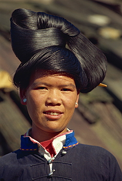 Miao girl's hairstyle, Guizhou Province, China, Asia