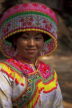 Miao girl in festival hat, Langlin, Guangxi, China, Asia