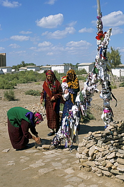 Ribbons tied for children, money or personal object offered, Kunya Urgench, Turkmenistan, Central Asia, Asia