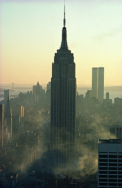 The Empire State Building and the Twin Towers behind, at dusk, pre 11 September, Manhattan, New York City, United States of America, North America