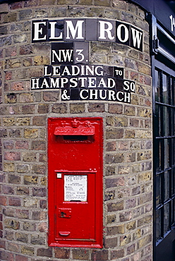 Tiled street name and postbox, Hampstead, London, England, United Kingdom, Europe