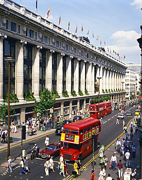 Selfridges department store and old Routemaster bus before they were withdrawn, on Oxford Street, London, England, United Kingdom, Europe