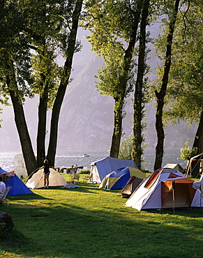 Camping on Wallensee, Churfirsten range near Wallenstadt, Switzerland, Europe