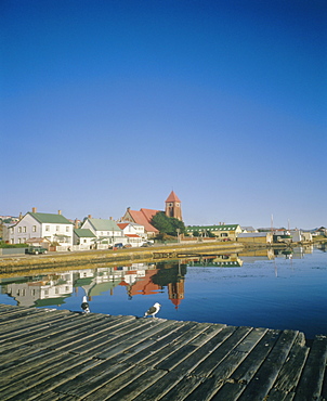 Church and waterfront at Stanley, Falkland Islands, South Atlantic