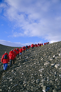 Tourists ascending recent volcanic cone, Penguin Island, South Shetland Islands, Antarctica, Polar Regions