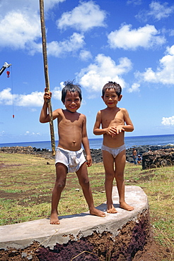 Portrait of two Rapa Nui local boys on Easter Island, Chile, Pacific, South America