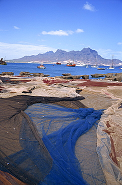 Nets laid out to dry on dockside, Mindelo, Sao Vicente, Cape Verde Islands, Atlantic, Africa