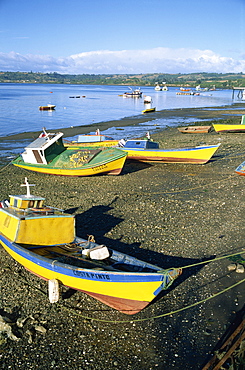 Fishing boats on the beach, zone of Dalcahue, near Castro, Chiloe island, Chile, South America