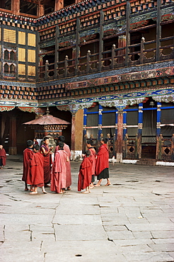 Novice monks in Rimpong Dzong (monastery), Paro, Bhutan, Asia