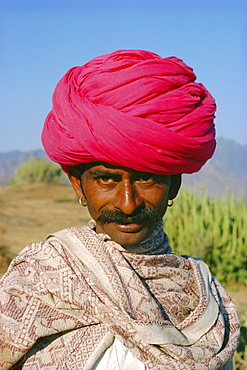Portrait of a Rajasthani man with a pink turban, Rajasthan State, India