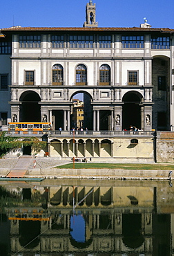 The Uffizi reflected in the Arno river, Florence, Tuscany, Italy, Europe