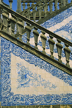 Detail of external staircase decorated with azulejos (tiles), paco or manor house of Counts of Estoi, Estoi, Algarve, Portugal, Europe