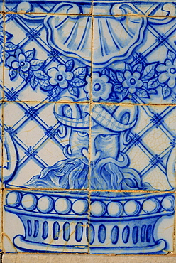 Detail of azulejo tile, gardens of the 19th century Estoi Palace, Estoi, Portugal, Europe