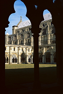 Gothic cathedral cloister, dating from the 13th and 14th centuries, Norwich Cathedral, Norwich, Norfolk, England, United Kingdom, Europe