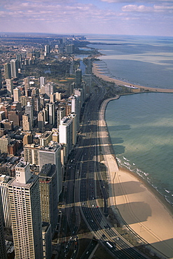 View north along shore of Lake Michigan from John Hancock Center, Chicago, Illinois, United States of America (U.S.A.), North America