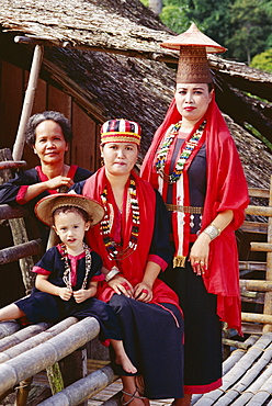 Portrait of a Bidayu family in traditional dress, cultural village, Sarawak, island of Borneo, Malaysia, Southeast Asia, Asia