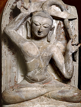 Statue dating from the late 11th or early 12th century AD of Prince Siddhartha cutting his hair, Bagan Museum, Bagan (Pagan), Myanmar (Burma), Asia