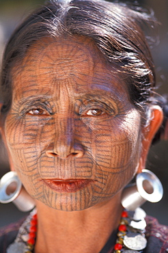 Chin woman with spiderweb tattoo, Chin state, Myanmar (Burma), Asia
