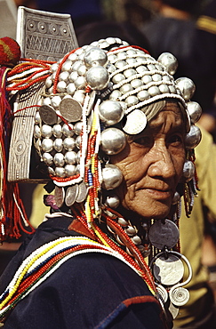 Headgear of Akha Hill Tribe woman, Northern Thailand, Southeast Asia, Asia