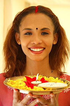 Girl performing Aarti, the Welcome Ceremony, India, Asia