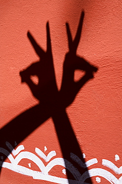 Shadows of hands performing the Kataka Vardhana mudra, Odissi dance, India, Asia