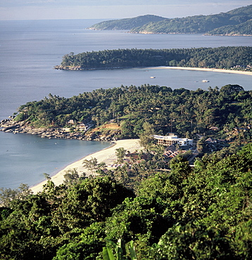 View of the coast of Phuket showing Kata Noi beach and Kata Beach in the foreground, Thailand, Southeast Asia, Asia