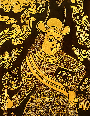 Detail of a lacquered book cabinet dating from Ayutthaya period showing a Westerner, such imagery had been inspired by the Embassy of Louis 14th to the court of King Narai, Bangkok, Thailand, Southeast Asia, Asia