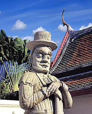 Guardian figure with European hat at Wat Pho (Wat Phra Chetuphon), early Rattanakosin period, Bangkok, Thailand, Southeast Asia, Asia