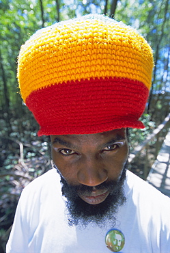 Portrait of a man in a colourful hat, St. Lucia, Windward Islands, West Indies, Caribbean, Central America