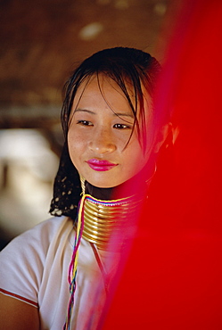 Portrait of a long necked Padaung tribe woman, Mae Hong Son Province, Thailand, AsiaThe women of the Padaung hill tribe wear heavy brass ornaments around their neck and limbs. These ornaments look like separate rings but are really a continuous coil of brass that can weigh anywhere from five to twenty-two kilograms and measure up to 30 meter in length. The quantity of visual rings (in reality, the length of the brass coil) is increased every year, according to the age of the woman.