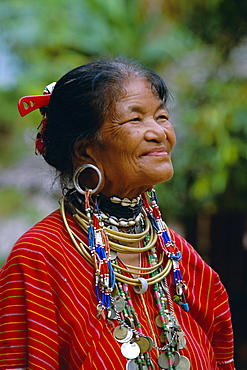 Portrait of a 'Big ears' Padaung tribe woman in Nai Soi, Mae Hong Son Province, Thailand, Asia