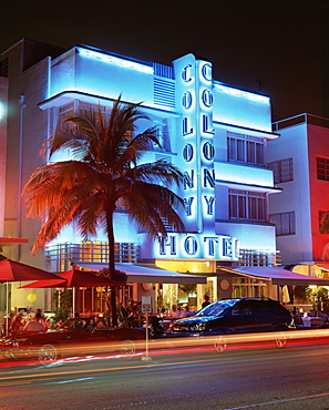 Art deco district at dusk, Ocean Drive, Miami Beach, Miami, Florida, United States of America, North America