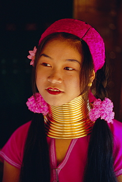 Portrait of a 'Long necked' Padaung tribe girl, Mae Hong Son Province, northern Thailand, Asia