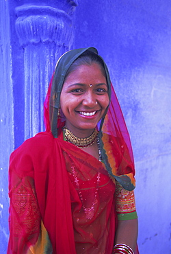 Portrait of a local woman in the 'Blue City', Jodhpur, Rajasthan State, India, Asia