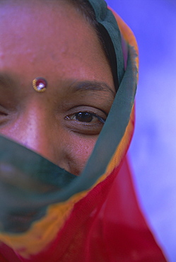 Portrait of a local woman in the 'Blue City', Jodhpur, Rajasthan State, India, Asia