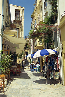 Narrow streets in the Old Town, with shops and restaurants, Chania, Crete, Greece, Europe