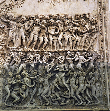 Bas reliefs of episodes from the Testament by Martini and pupils dating from the 14th century, Orvieto Cathedral, Orvieto, Umbria, Italy, Europe