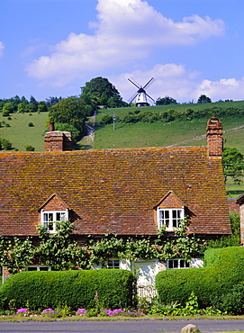 Windmill overlooking the village of Turville in the Chilterns, Buckinghamshire, England, UK, Europe