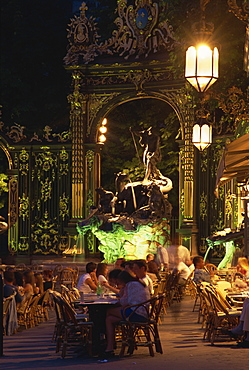 Pavement cafe at night in the Place Stanislas in Nancy, UNESCO World Heritage Site, Meurthe et Moselle, Alsace Lorraine, France, Europe