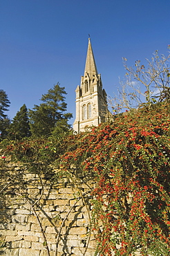 The church and dry stone wall, Batsford, The Cotswolds, Gloucestershire, England, United Kingdom, Europe